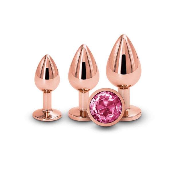 Rear Assets Rose Gold 3-piece aluminum anal plug kit with pink crystal base accents