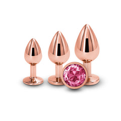 Rear Assets Rose Gold 3-piece aluminum anal plug kit with pink crystal base accents