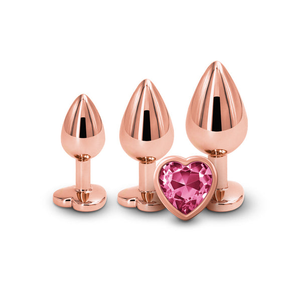 Rear Assets Rose Gold Pink Heart 3-piece aluminum anal plug kit with heart gem bases
