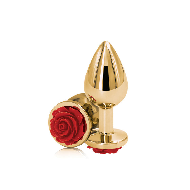 Rear Assets Rose Medium anal plug in polished gold aluminum with red rose base detail