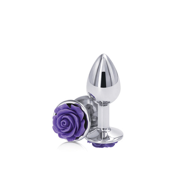 Rear Assets Rose Small anal plug in polished aluminum with a purple rose base detail