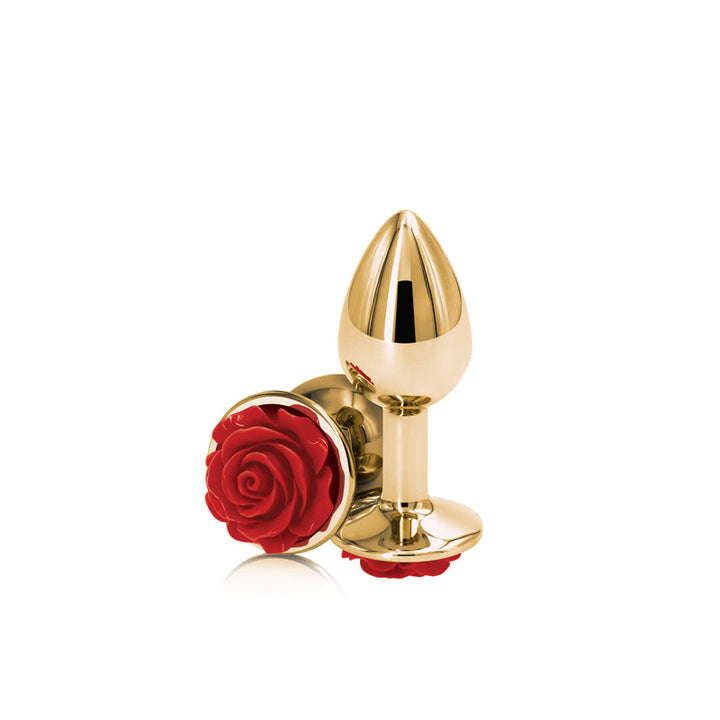 Rear Assets Rose Small anal plug in polished gold aluminum with red rose base detail