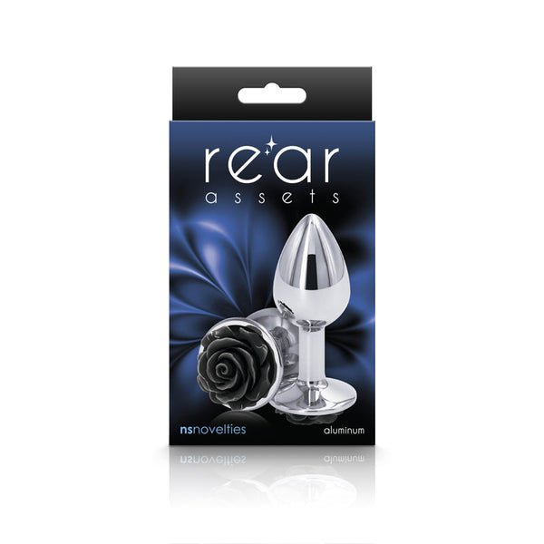 Rear Assets Rose Small Black packaging by NS Novelties showing aluminum construction
