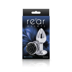 Rear Assets Rose Small Black packaging by NS Novelties showing aluminum construction