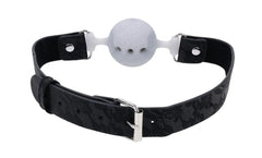 Rear view of ball gag displaying adjustable black lace strap with silver roller buckle closure