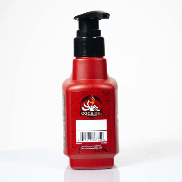 Rear barcode panel of Cock Oil lubricant bottle; manufactured in Pahrump, Nevada USA