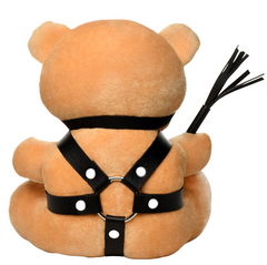 Rear view of BDSM Bondage Bear plush displaying nickel-free metal hardware on leather harness straps