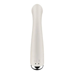 Rear view of beige G-spot vibrator showing CE certification markings and magnetic charging points