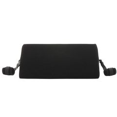 Rear view of black foam bondage wedge cushion showing wrist cuff attachments on each side