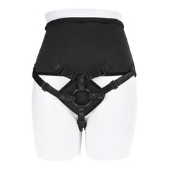 Rear view of black high-waisted strap-on harness with adjustable straps on mannequin