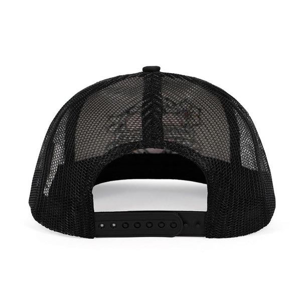 Rear view of black mesh snapback trucker hat showing adjustable snap closure and ventilated back