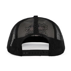 Rear view of black mesh snapback trucker hat showing adjustable snap closure and ventilated back
