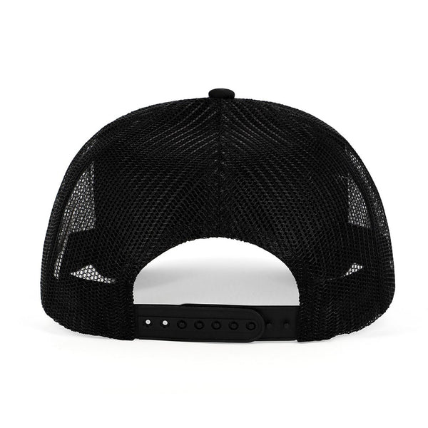 Rear view of black mesh trucker hat displaying adjustable plastic snap closure and breathable back