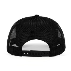 Rear view of black mesh trucker hat displaying adjustable plastic snap closure and breathable back