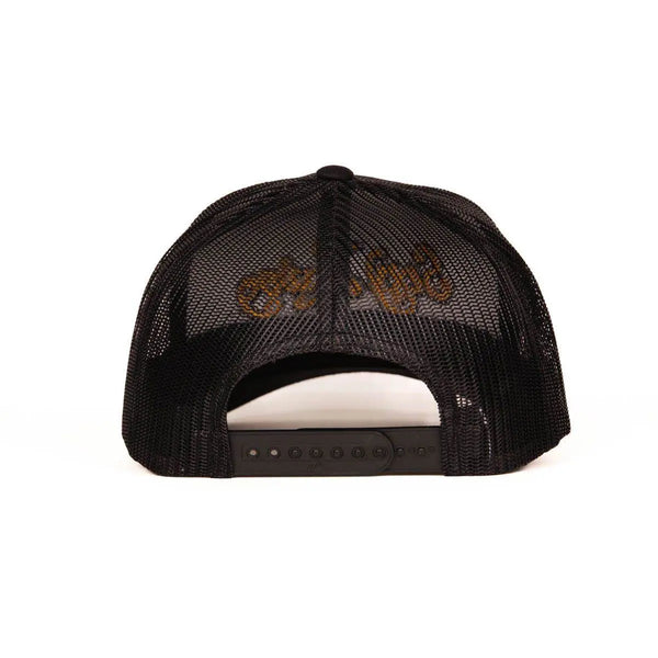 Rear view of black mesh trucker hat displaying snapback closure and tonal back embroidery