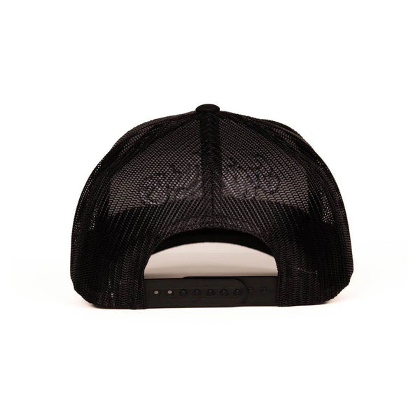 Rear view of black Sexy Living trucker cap showing full mesh back and adjustable snapback closure