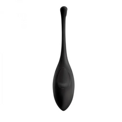 Close-up rear view of black silicone vibrating egg showing flexible retrieval cord