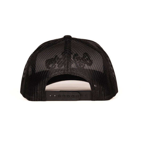 Rear view of black trucker hat showing full mesh crown and adjustable plastic snap closure