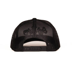 Rear view of black trucker hat showing full mesh crown and adjustable plastic snap closure