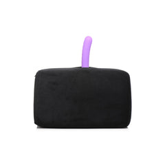 Rear view of black velvet Love Toy Cushion with purple dildo secured upright in center toy pocket