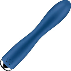 Rear view of blue silicone vibrator body showing magnetic charging port and CE marking