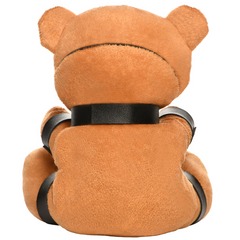 Rear view of bondage teddy bear showing black vegan leather collar strap across back