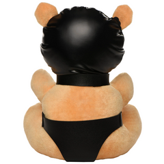 Rear view of bondage teddy bear plush showing vegan leather briefs and hood detail