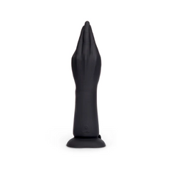 Rear-facing angle of black fisting dildo revealing USB charging port at suction base