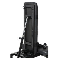 Rear close-up of gas-piston backrest adjustment mechanism on the padded steel-frame back panel