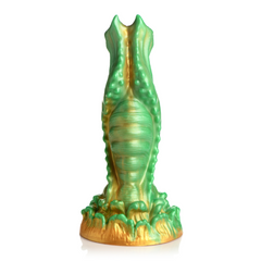 Rear view of green gold alien dildo showing ribbed midsection and dual-fin tip detail