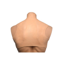 Rear view of high-neck silicone breast form on mannequin showing smooth back panel