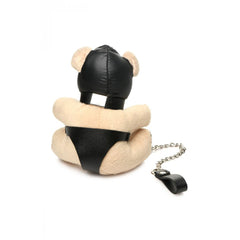 Rear view of Hooded Bondage Teddy Bear Keychain highlighting black faux-leather hood back panel and harness strap detail