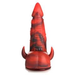 Rear view of Horny Devil demon dildo highlighting ribbed back detail and small horn accents