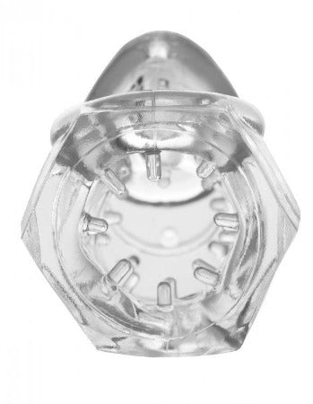 Rear interior view of the Detained 2.0 clear chastity cage showing internal nub detail