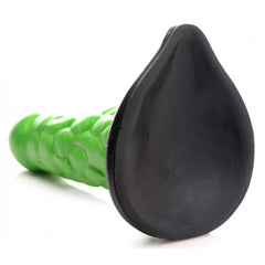 Rear view of large black teardrop suction base on green scaly silicone dildo