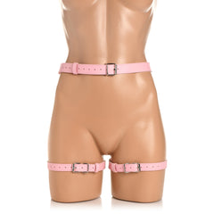 Rear mannequin view displaying adjustable buckle closures on waist belt and thigh straps