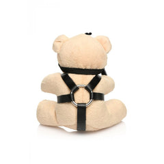 Rear view of Master Series bondage bear keychain showing back harness straps and silver O-ring