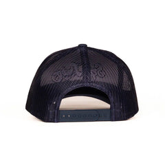 Rear view of navy Sexy Living trucker cap with snapback plastic closure