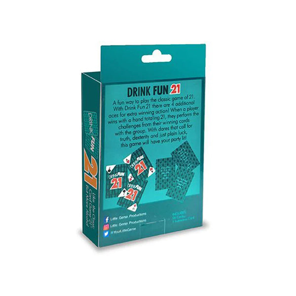 Rear packaging view of Drink Fun 21 showing gameplay description and included card details