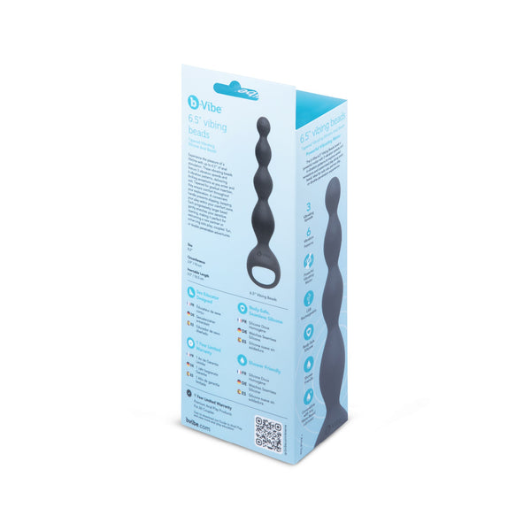Rear panel of b-Vibe Vibing Beads box showing multilingual specifications and product details