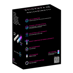 Rear of Paradise Illumination Bullet packaging listing IPX7 waterproof rating, USB charging, and app control
