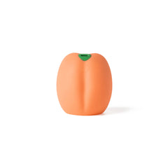Rear view of the peach-shaped silicone stroker showing control button and green accent top