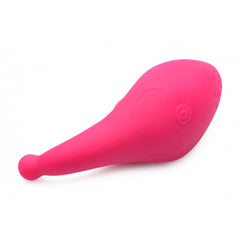 Rear view of pink rechargeable panty vibe displaying charging port and smooth finish