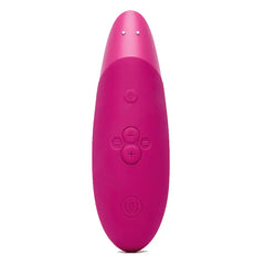 Rear view of pink Womanizer Enhance showing tactile control buttons and power icon