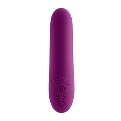 Rear view of purple bullet vibrator displaying CE, UKCA certification marks and charging port