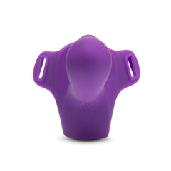 Rear view of purple silicone dildo base displaying loop slots and USB magnetic charging port location