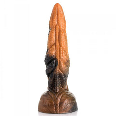Rear view of Ravager tentacle dildo highlighting layered ridge texture and earthy brown base