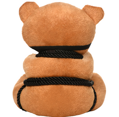 Rear view of Rope Bondage Bear showing twisted black rope wrapped around soft brown plush body