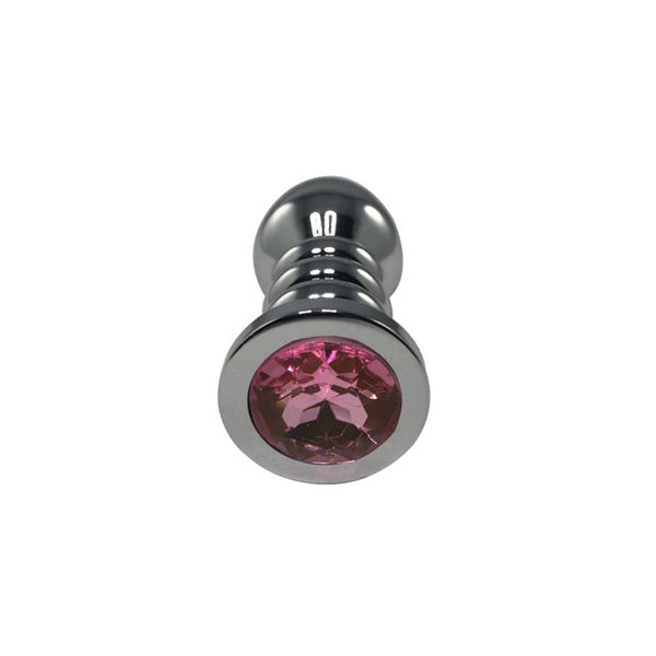 Rear view of silver ribbed anal plug showing faceted pink gemstone on flat base