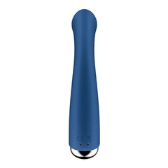 Rear view of Spinning G-Spot 1 blue vibrator displaying charging contacts and CE marks
